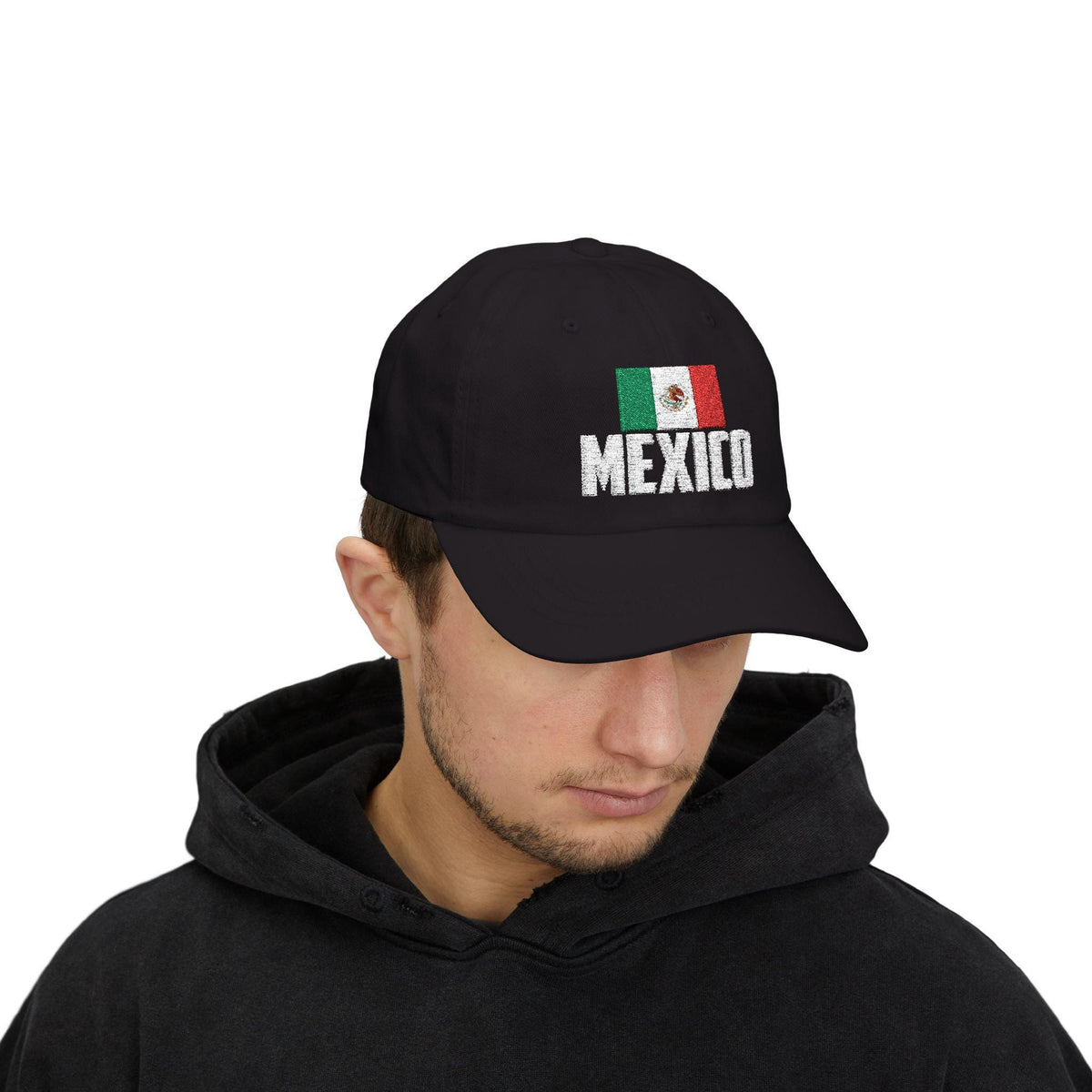 Black dad hat with embroidered Mexico flag above bold white MEXICO text