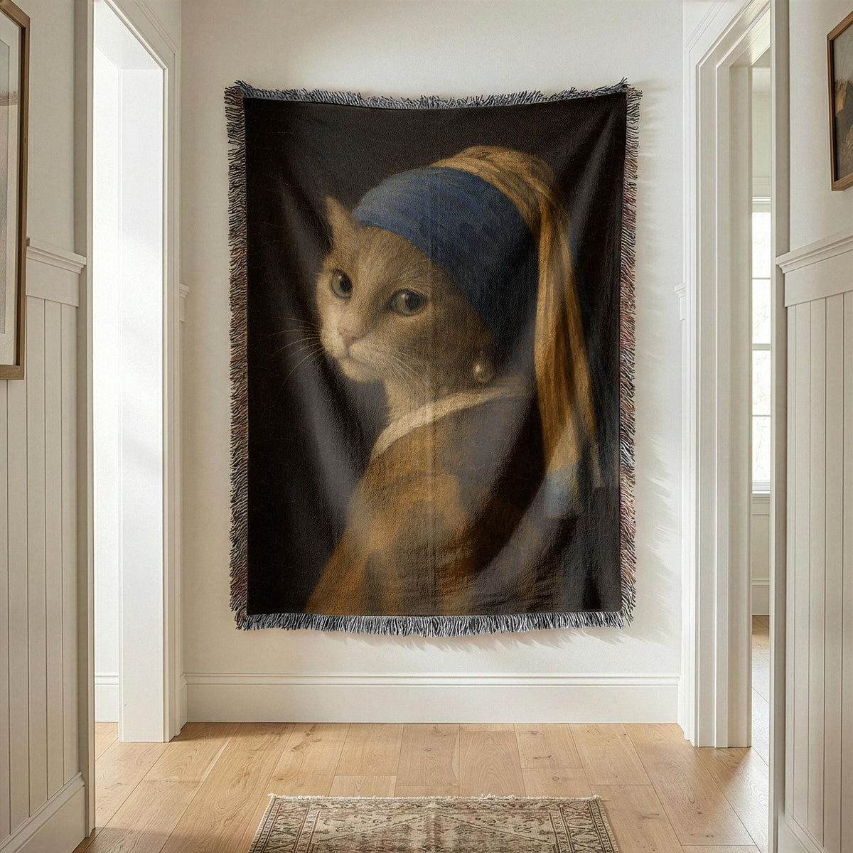 Girl with a Pearl Earring Cat Woven Blanket