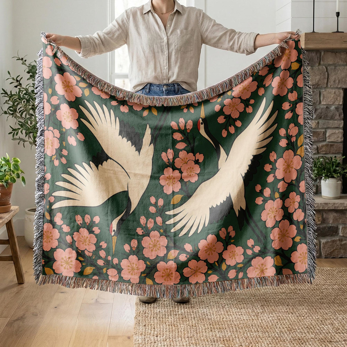 Japanese Crane Woven Blanket