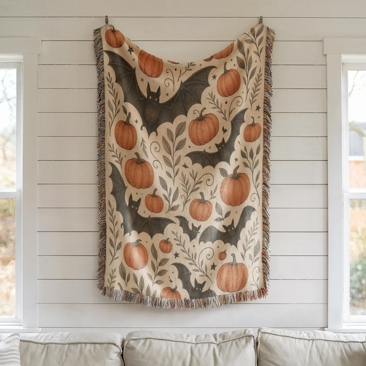 Halloween Bats and Pumpkins Woven Throw Blanket