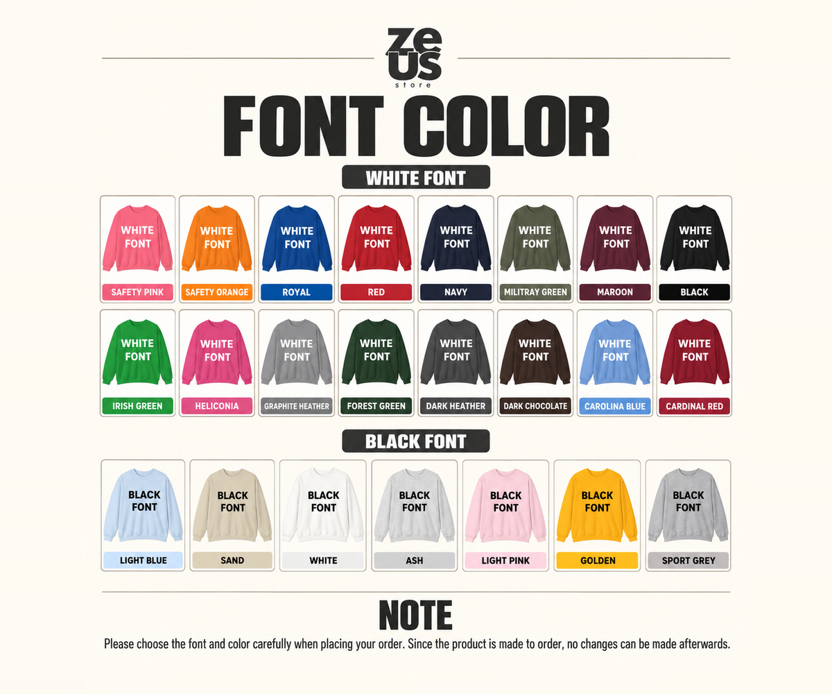 Sweatshirt font color guide