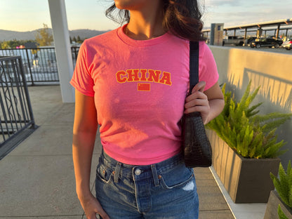 Navy baby tee with varsity CHINA lettering and Chinese flag graphic