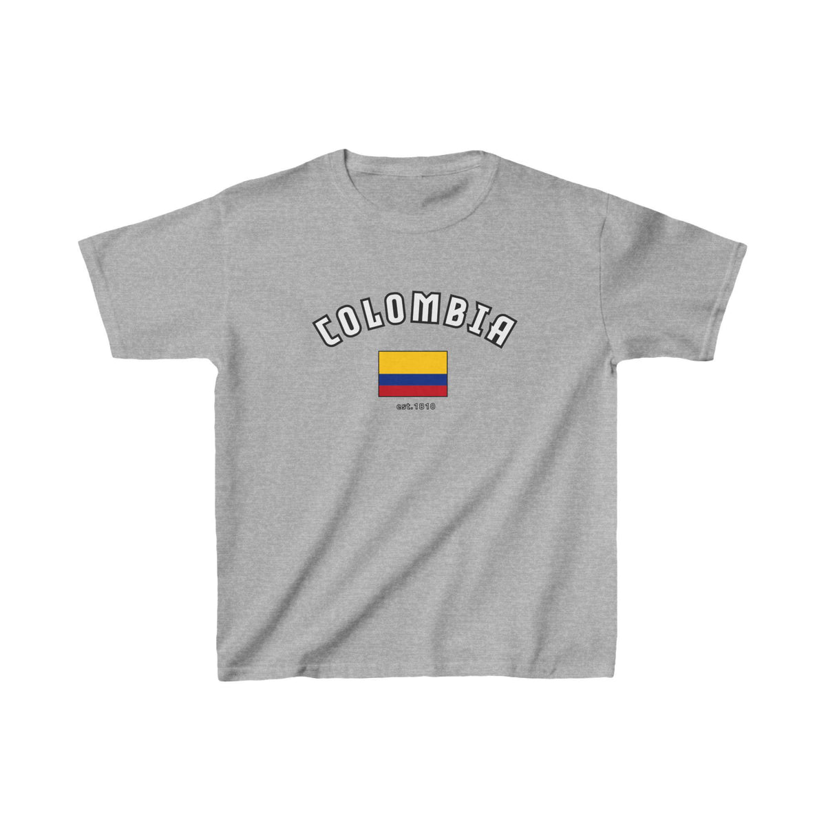 Red baby tee with arched Colombia lettering, Colombian flag, and est. 1810 detail