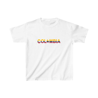 Black baby tee with Colombia wordmark in yellow, blue, and red flag colors and map silhouette