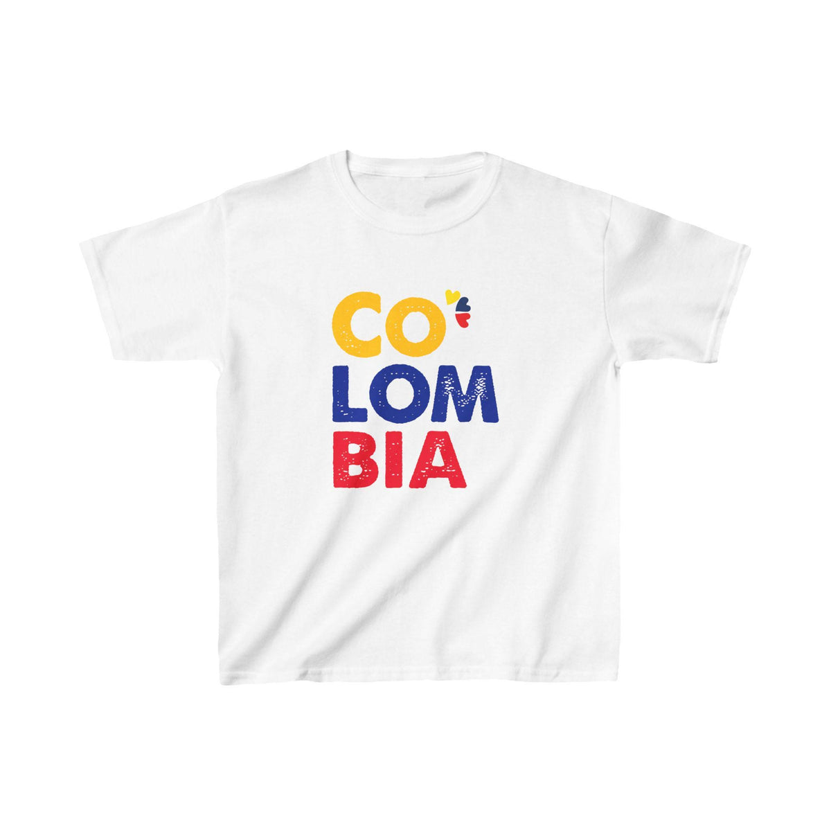 White baby tee with CO LOM BIA text in yellow, blue and red Colombia flag colors