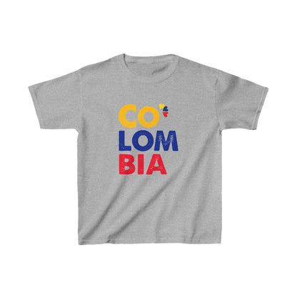 White baby tee with CO LOM BIA text in yellow, blue and red Colombia flag colors