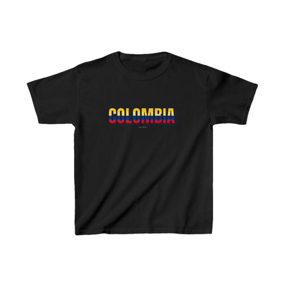 Yellow baby tee with a Colombia wordmark in flag colors on the chest
