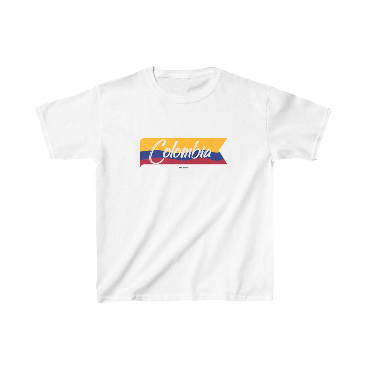 Colombia baby tee with white script over a yellow, blue, and red flag ribbon design.
