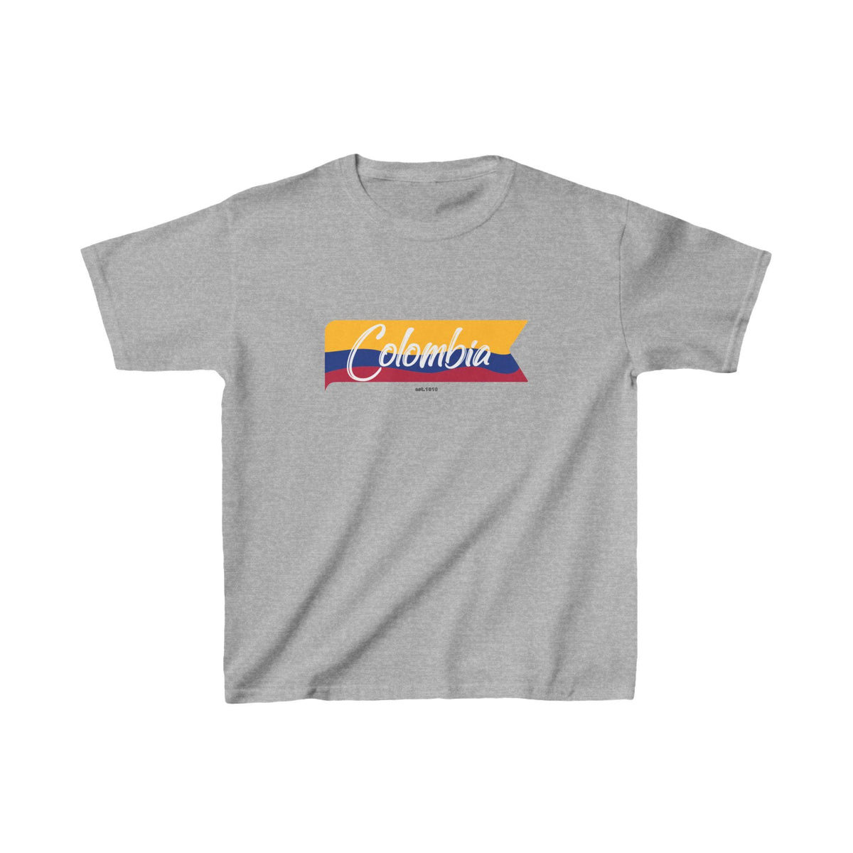 Colombia baby tee with white script over a yellow, blue, and red flag ribbon design.