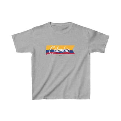 Colombia baby tee with white script over a yellow, blue, and red flag ribbon design.