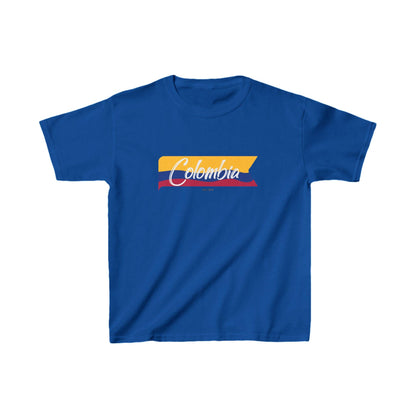 Colombia baby tee with white script over a yellow, blue, and red flag ribbon design.