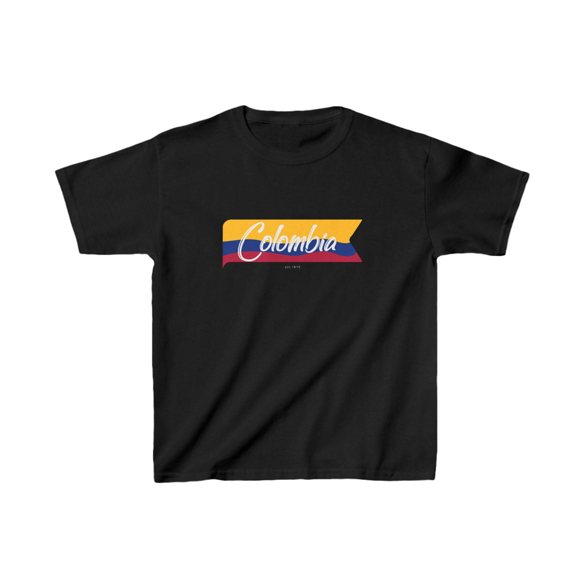 Colombia baby tee with white script over a yellow, blue, and red flag ribbon design.