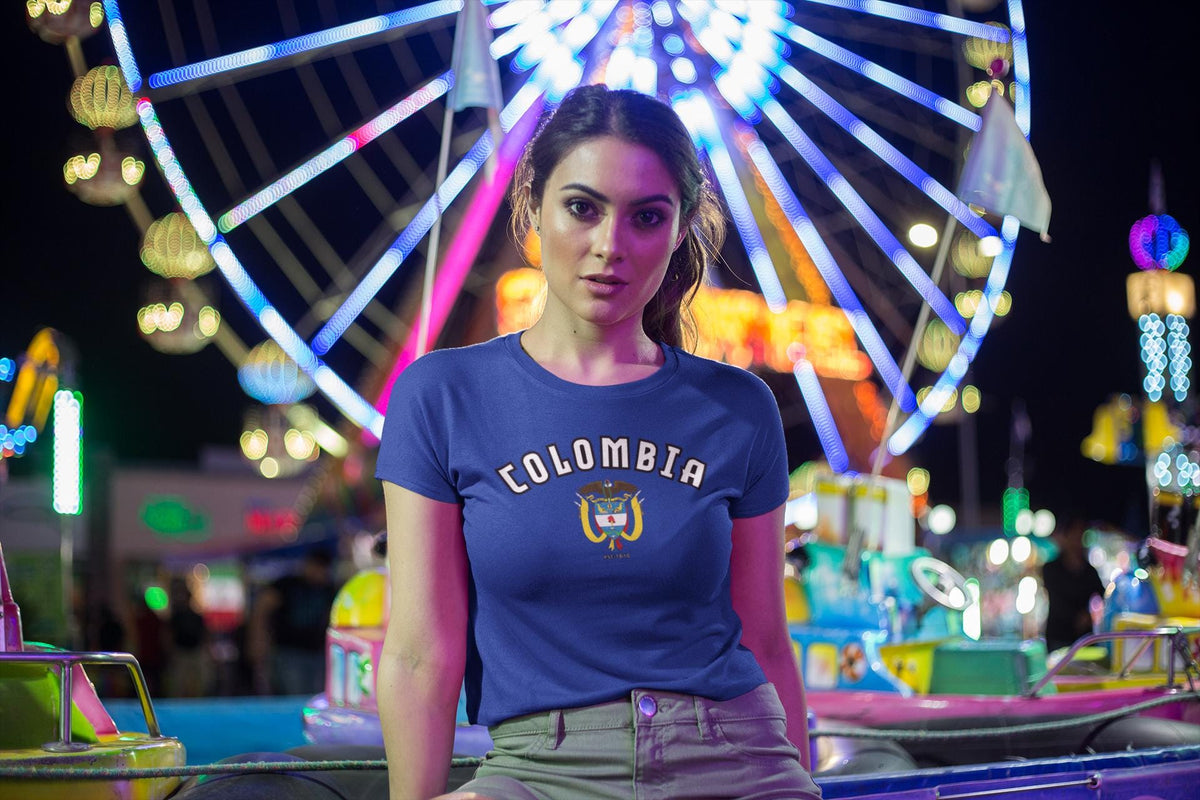 Black baby tee with arched Colombia text and crest graphic on the front