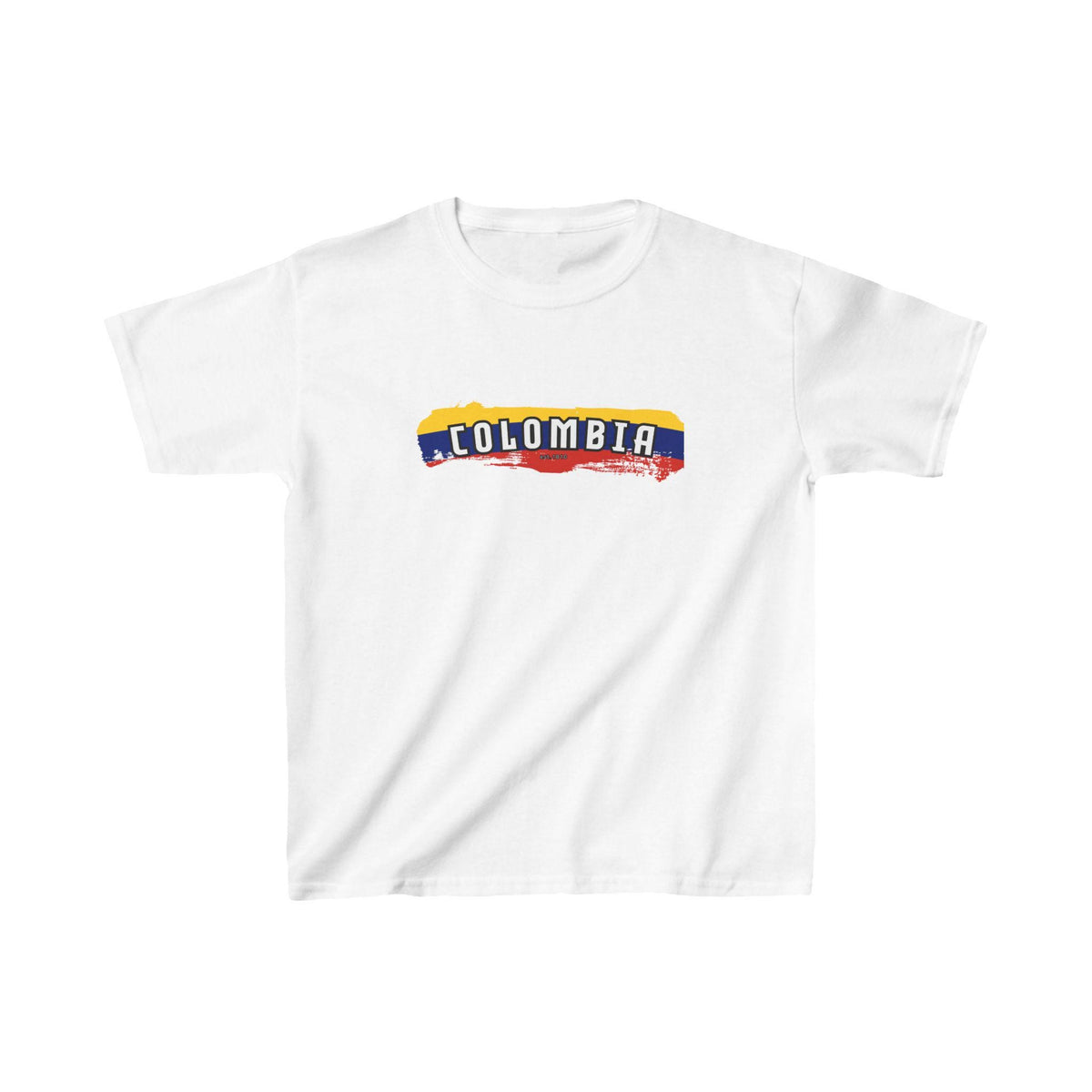 White baby tee with Colombia wordmark over yellow, blue, and red flag brush stroke design