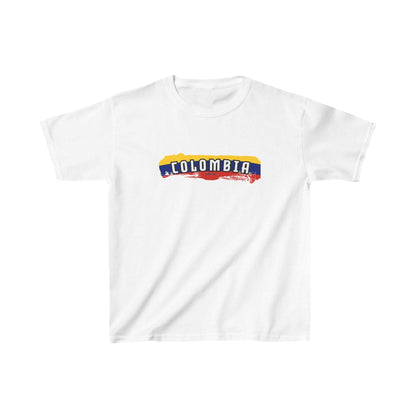 White baby tee with Colombia wordmark over yellow, blue, and red flag brush stroke design