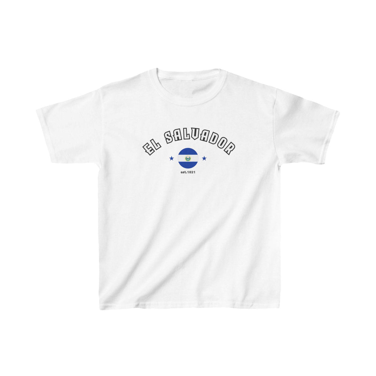 El Salvador baby tee with arched text, flag graphic, stars, and est. 1821 detail