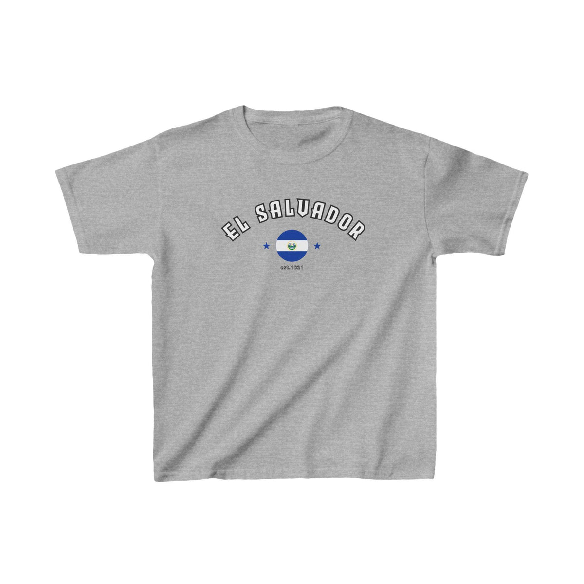 El Salvador baby tee with arched text, flag graphic, stars, and est. 1821 detail