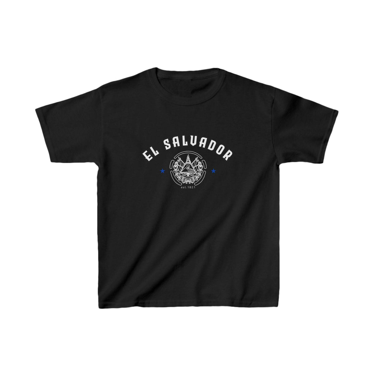 Blue baby tee with El Salvador lettering, emblem graphic, stars, and est. 1821 detail