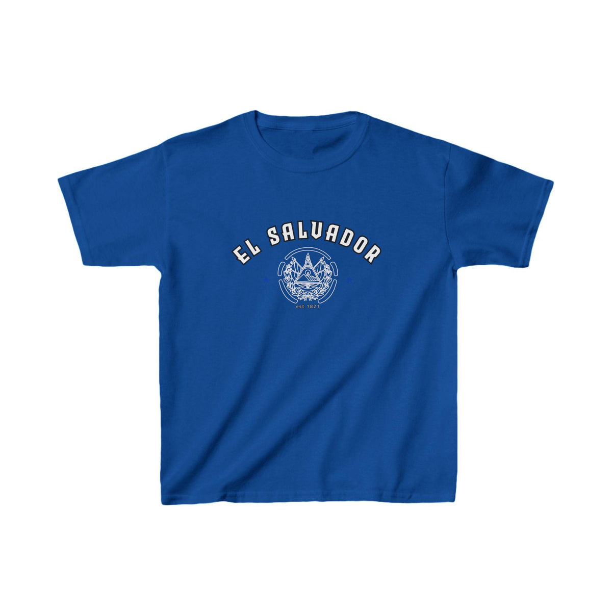Blue baby tee with El Salvador lettering, emblem graphic, stars, and est. 1821 detail