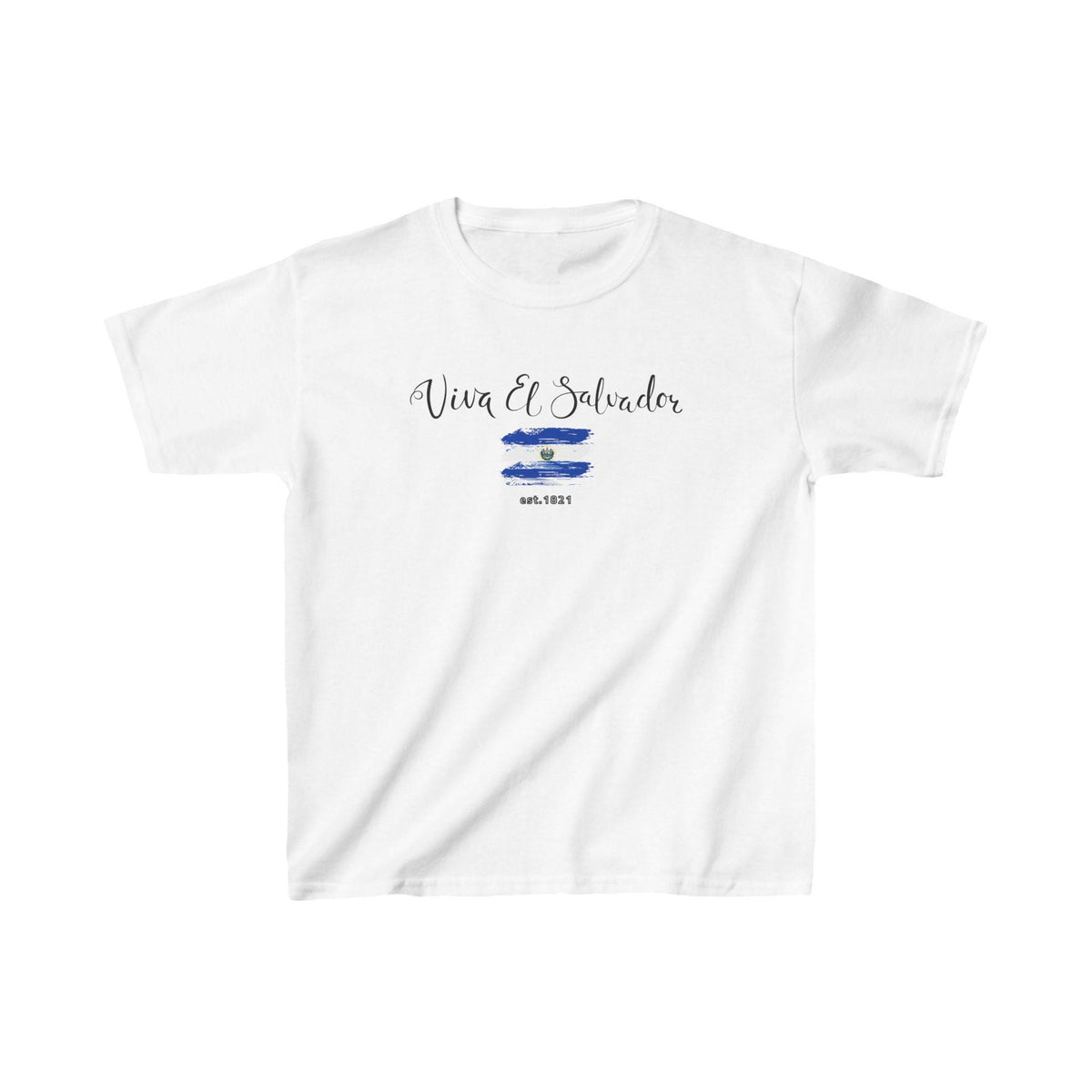 White baby tee with Viva El Salvador script, blue flag brushstroke, and 09.15.1821 date