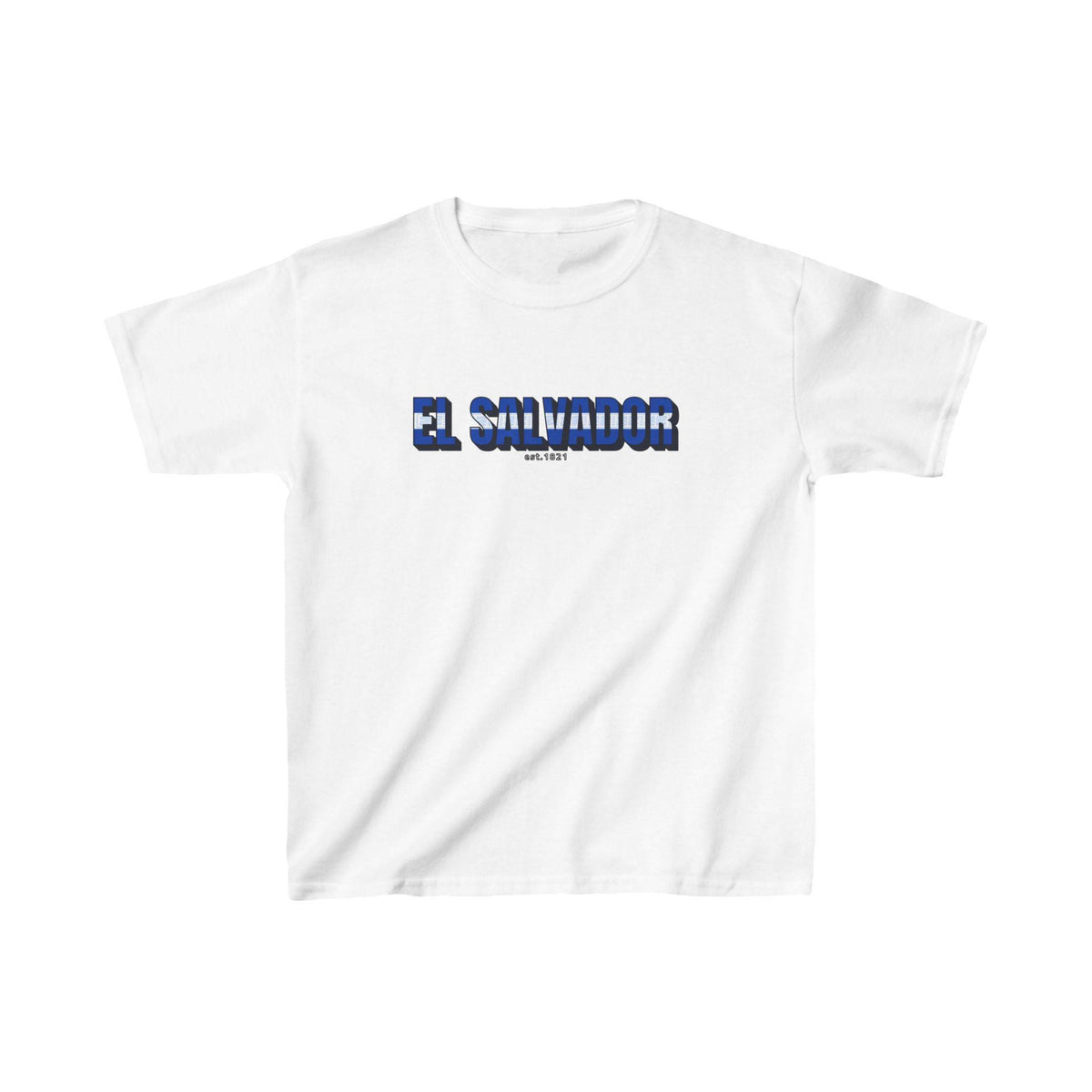 White baby tee with blue EL SALVADOR text and small est. 1821 detail