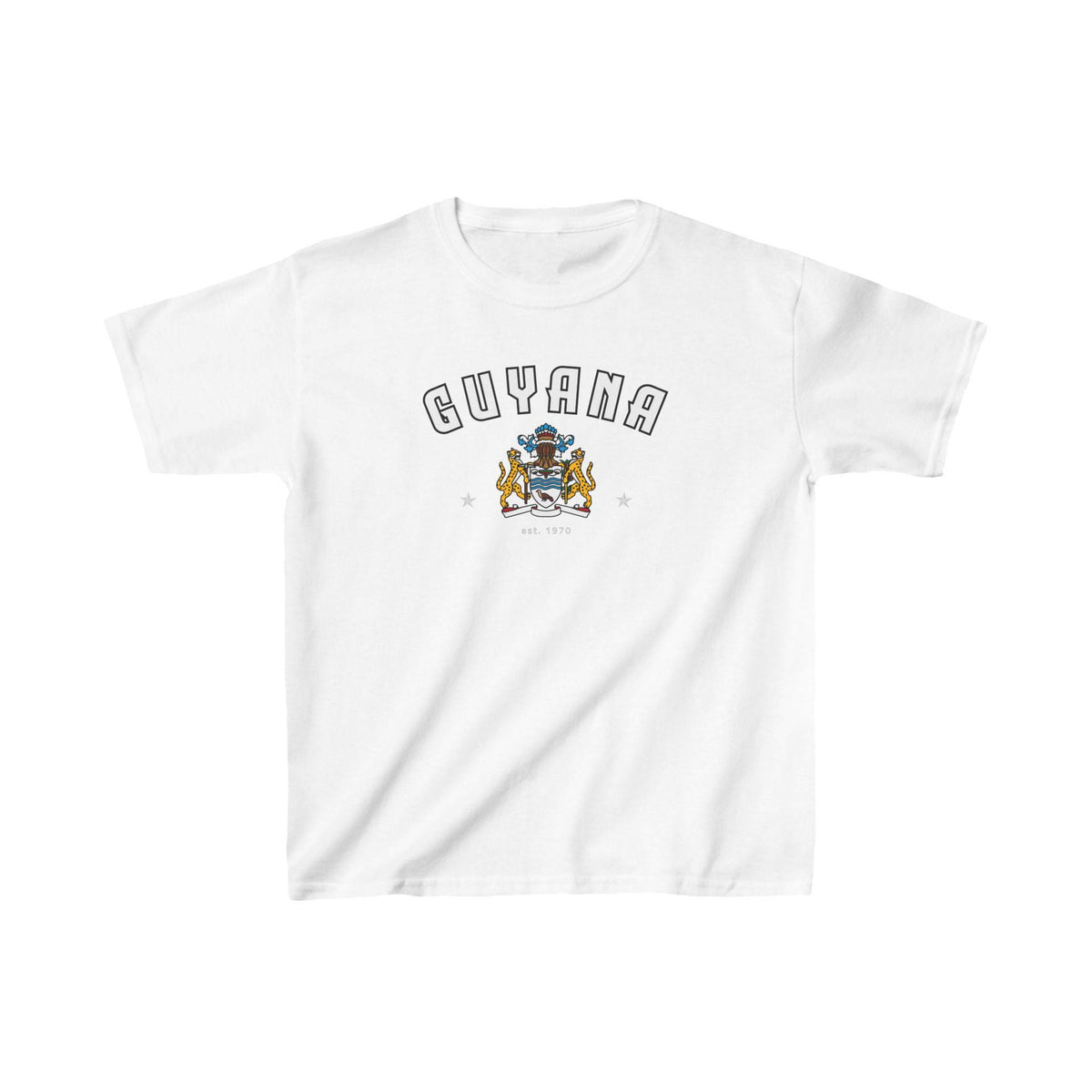 Yellow Guyana baby tee with arched lettering and crest graphic on the front