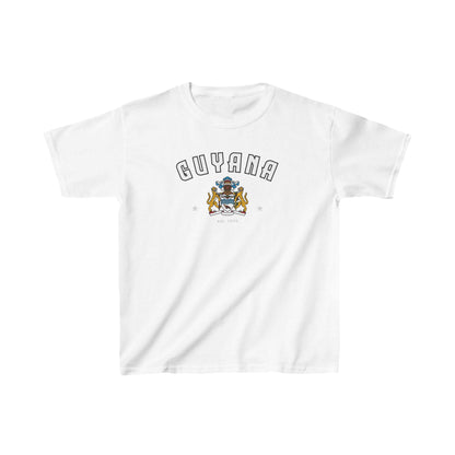 Yellow Guyana baby tee with arched lettering and crest graphic on the front