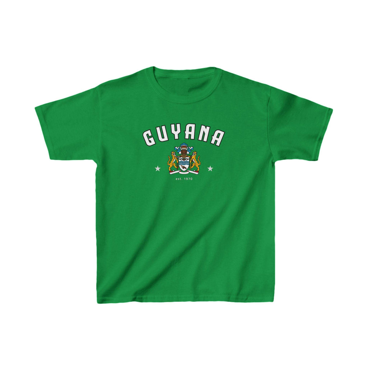 Yellow Guyana baby tee with arched lettering and crest graphic on the front