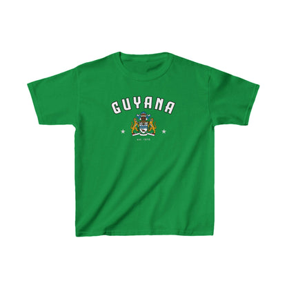 Yellow Guyana baby tee with arched lettering and crest graphic on the front