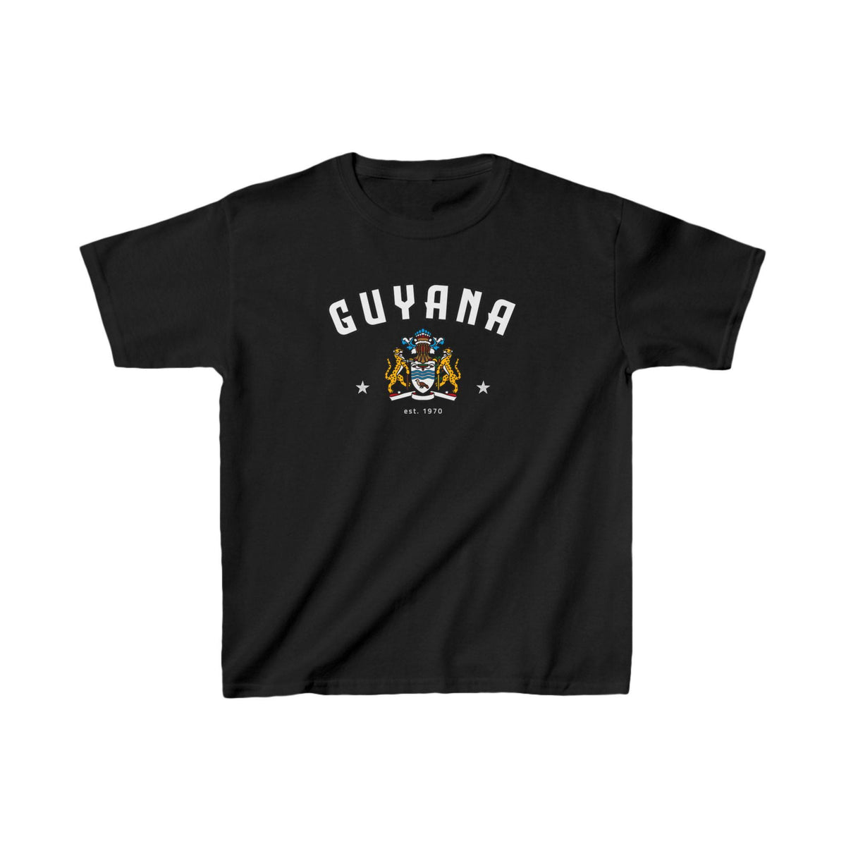 Yellow Guyana baby tee with arched lettering and crest graphic on the front