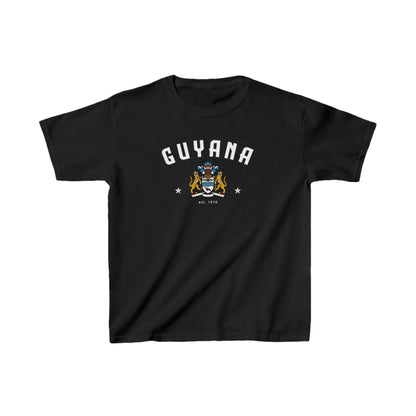 Yellow Guyana baby tee with arched lettering and crest graphic on the front