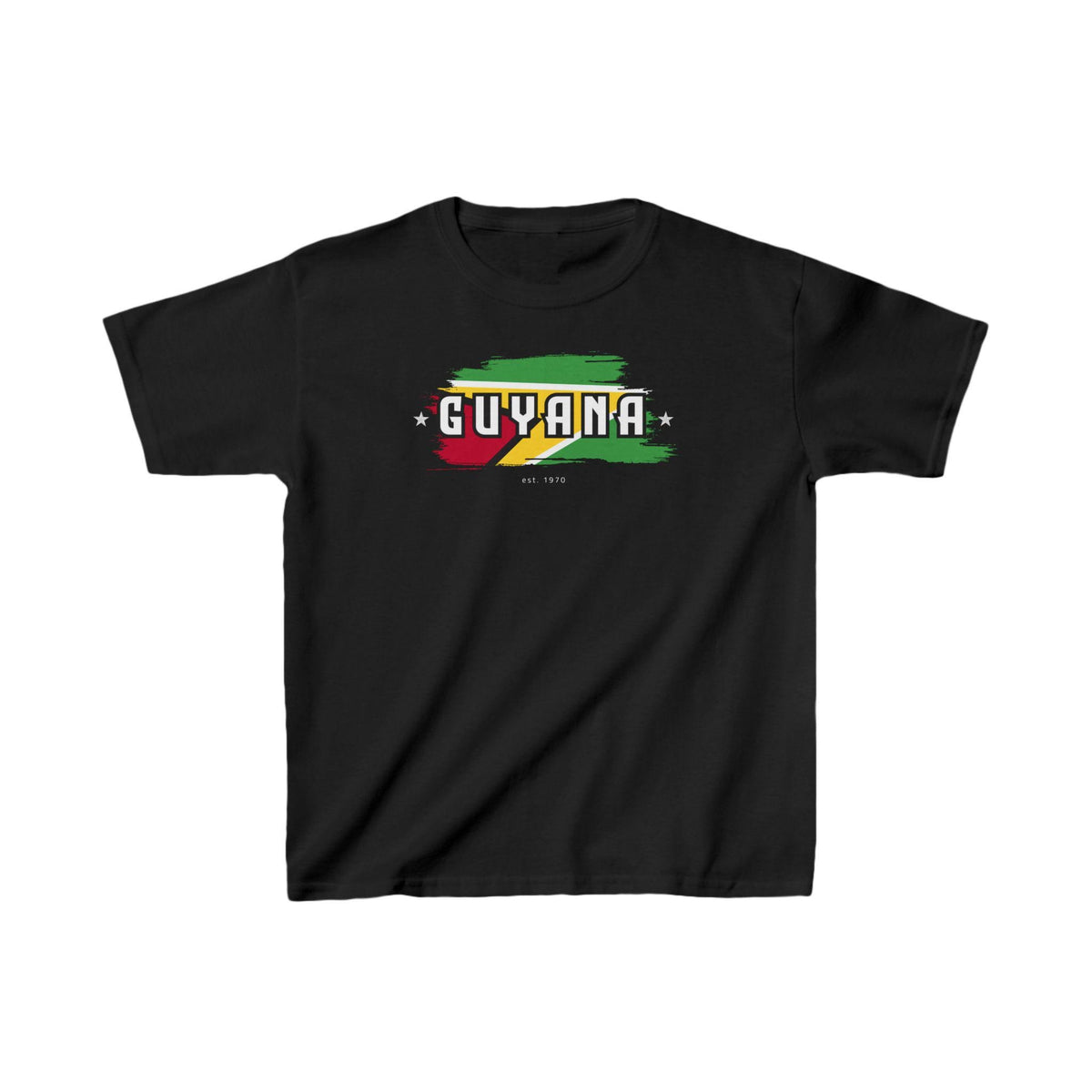 Guyana baby tee with flag brushstroke graphic and bold Guyana lettering