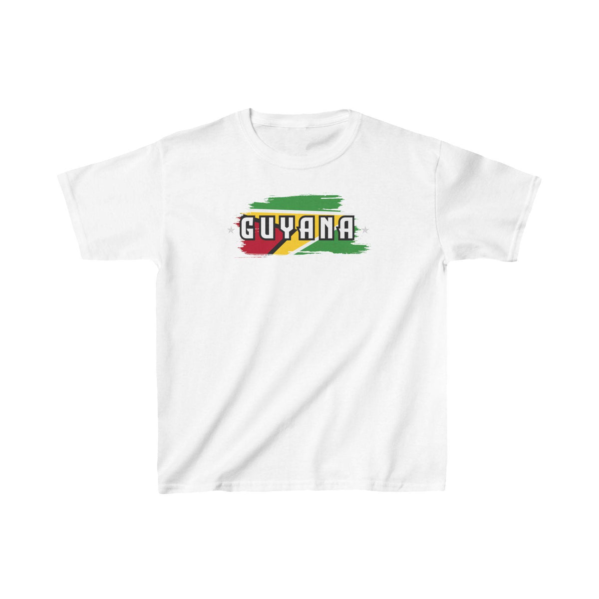 Guyana baby tee with flag brushstroke graphic and bold Guyana lettering