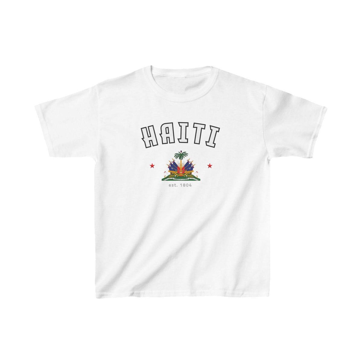 Blue baby tee with arched HAITI lettering, crest-style artwork, stars, and est. 1804 text