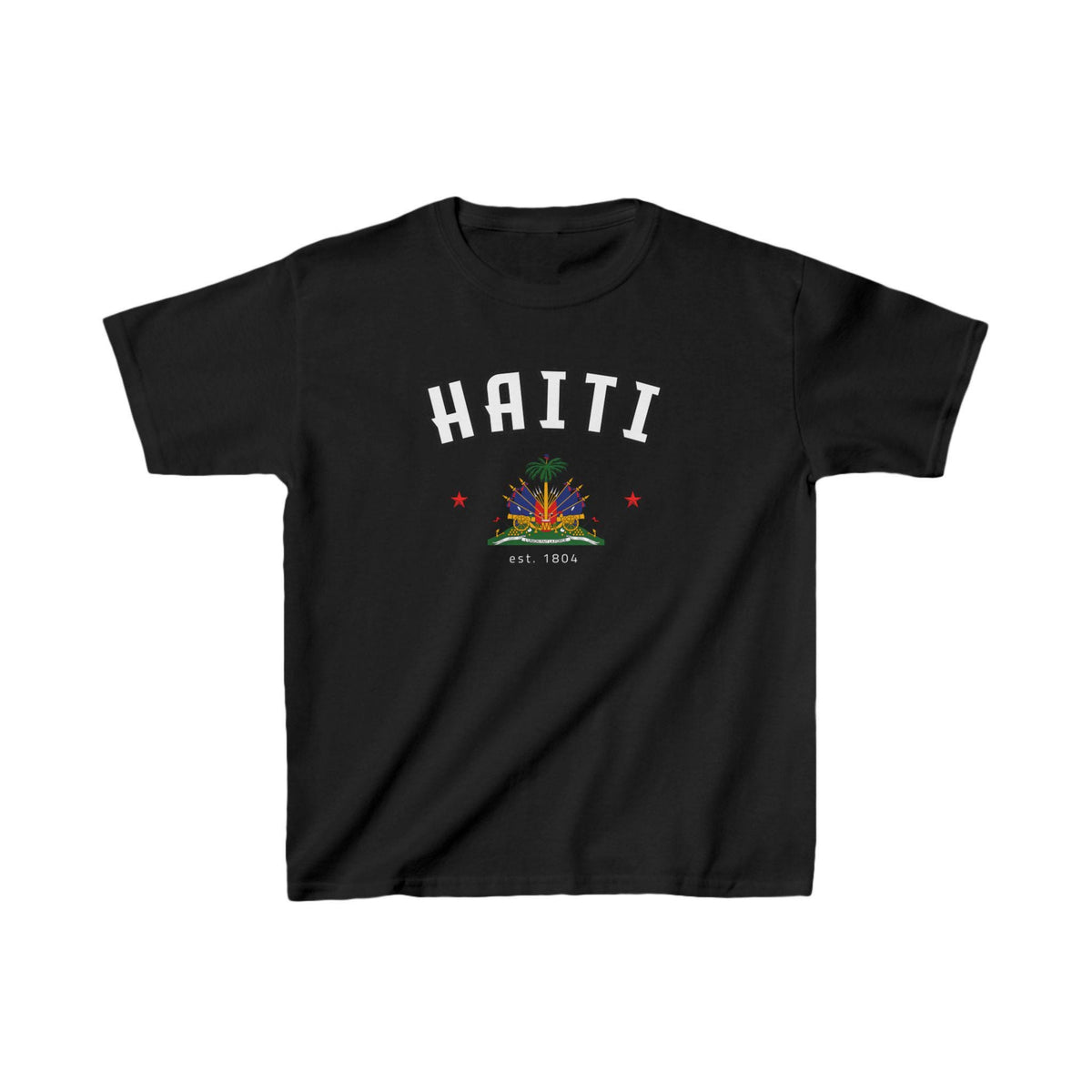 Blue baby tee with arched HAITI lettering, crest-style artwork, stars, and est. 1804 text