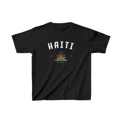 Blue baby tee with arched HAITI lettering, crest-style artwork, stars, and est. 1804 text