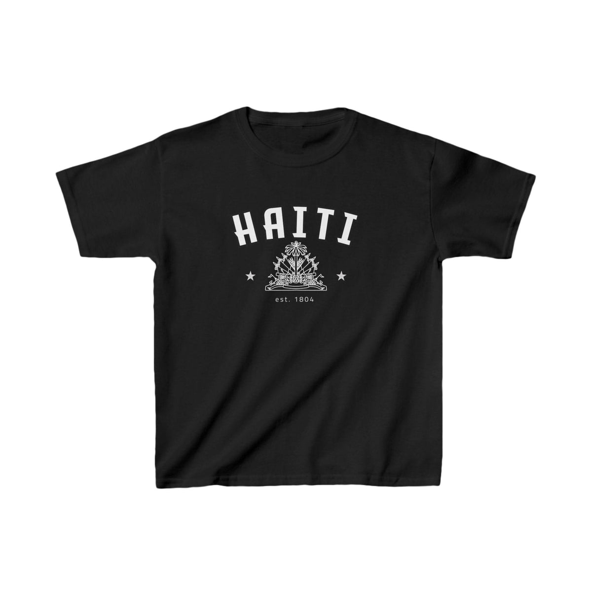 Blue baby tee with Haiti collegiate lettering, coat of arms graphic, stars, and est. 1804 text