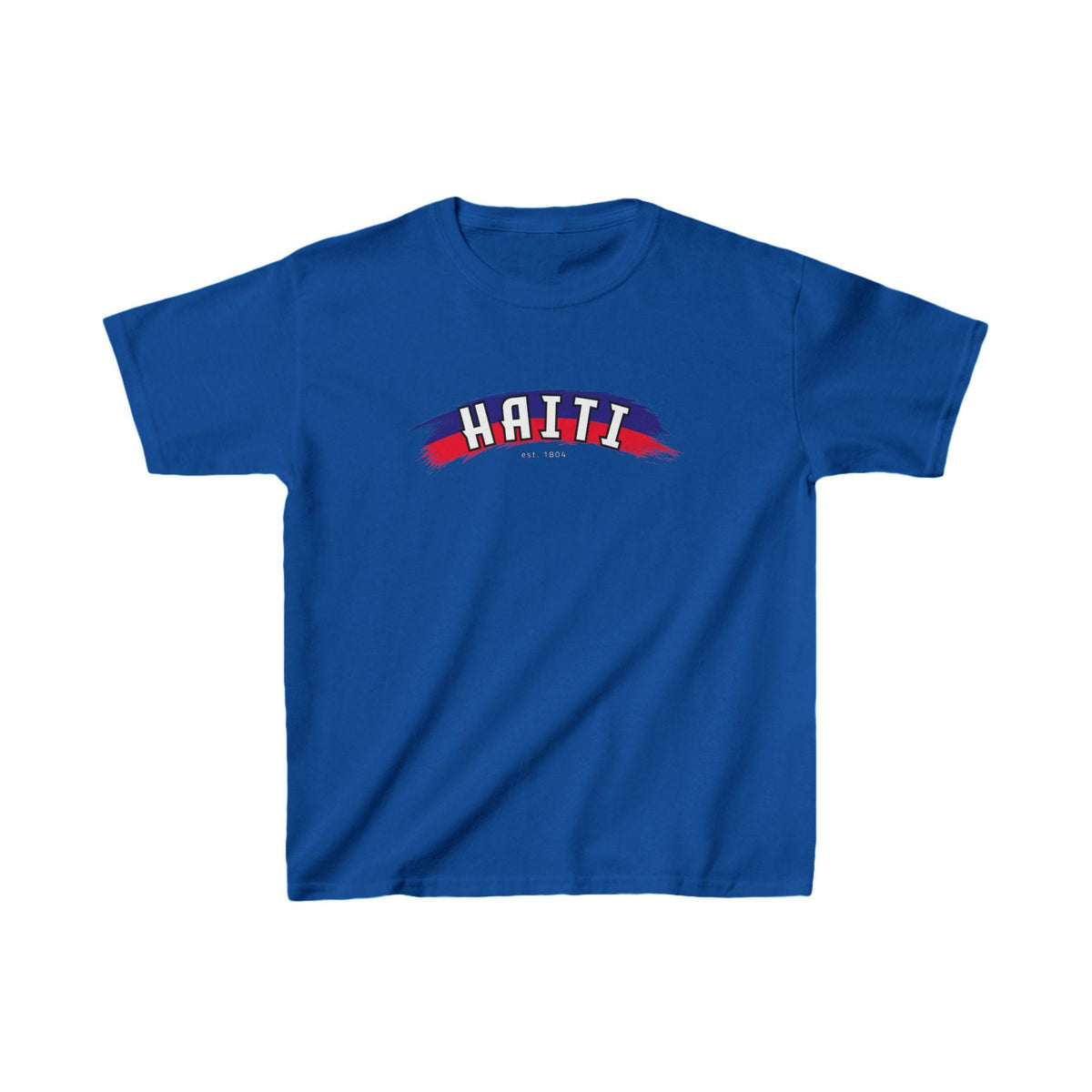 Haiti baby tee with arched text, red and blue brush strokes, and est. 1804 detail
