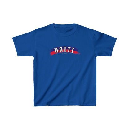 Haiti baby tee with arched text, red and blue brush strokes, and est. 1804 detail
