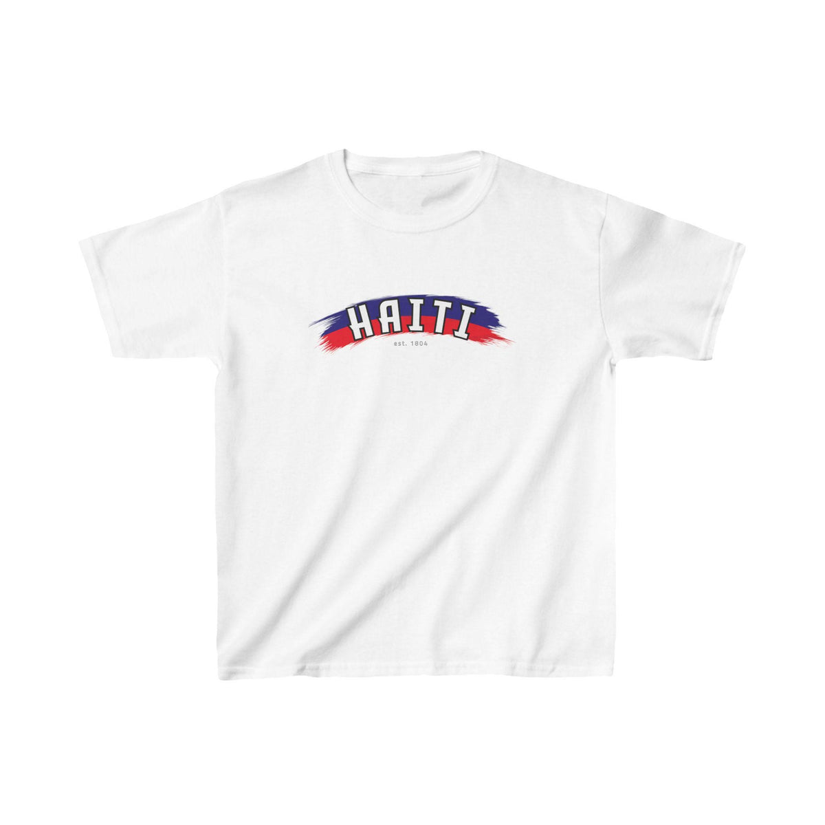 Haiti baby tee with arched text, red and blue brush strokes, and est. 1804 detail