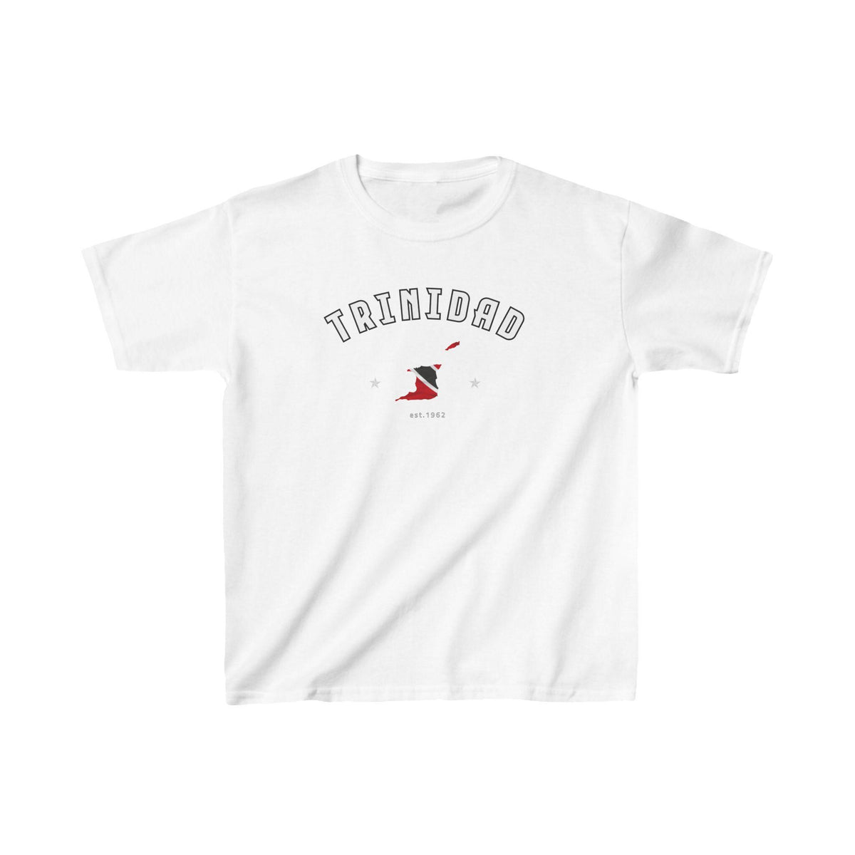 Black baby tee with arched Trinidad text, flag-colored map graphic, stars, and est. 1962 detail