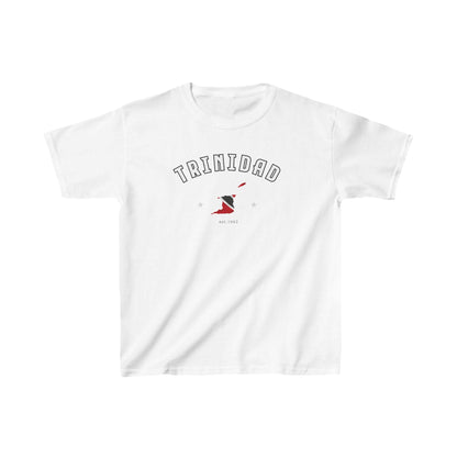 Black baby tee with arched Trinidad text, flag-colored map graphic, stars, and est. 1962 detail