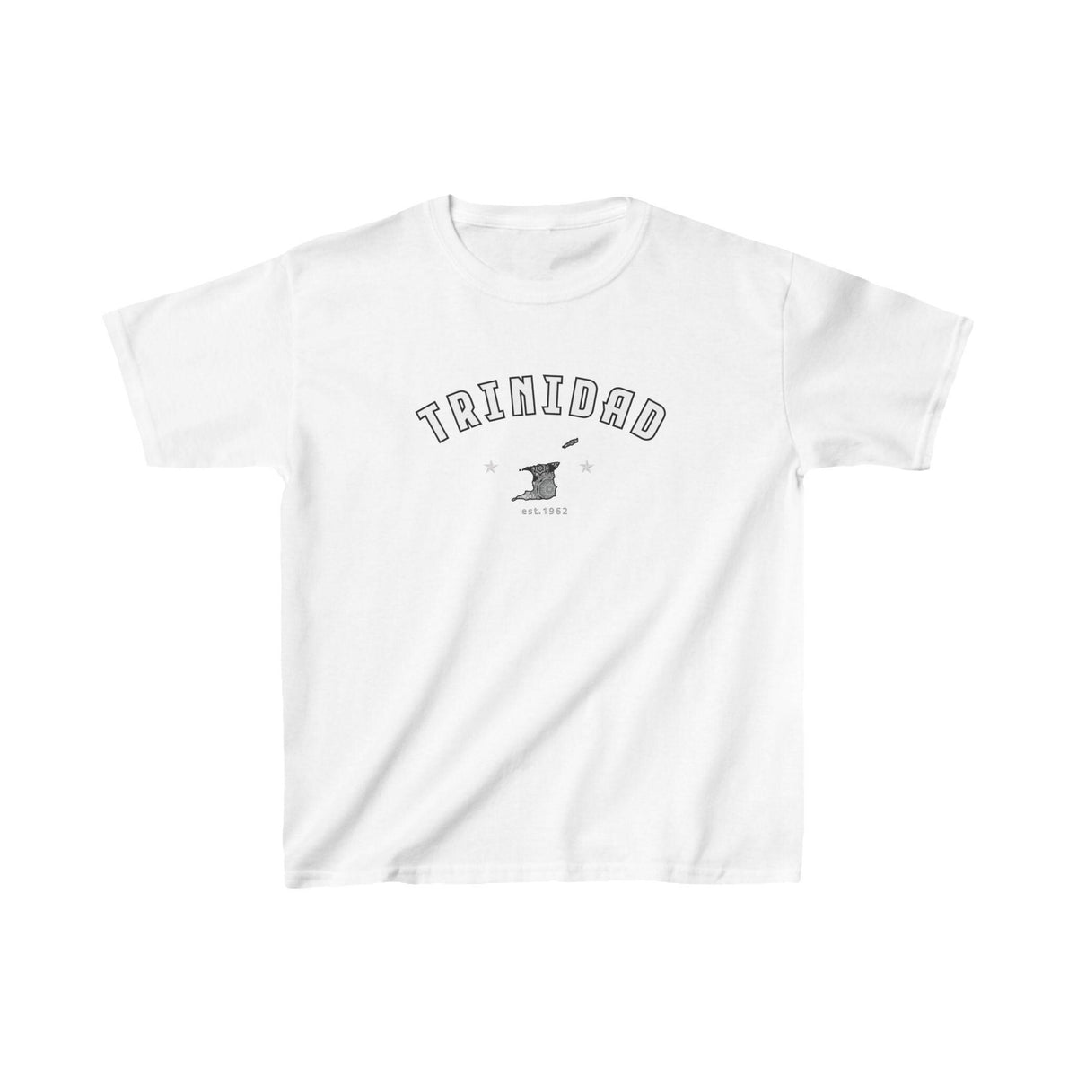 Trinidad baby tee design with arched white lettering, island graphic, stars, and 1962 detail