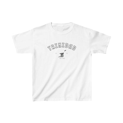 Trinidad baby tee design with arched white lettering, island graphic, stars, and 1962 detail
