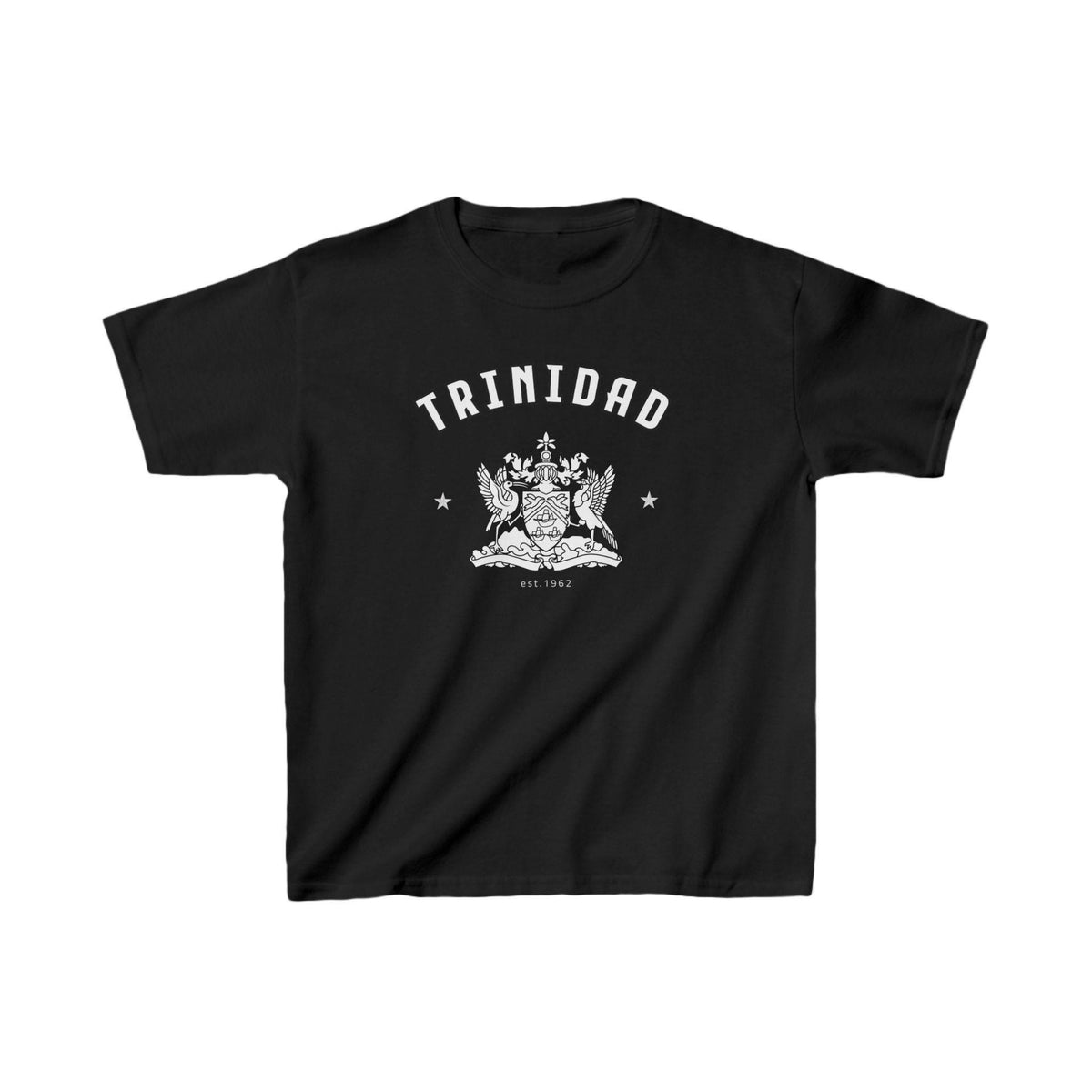 Red Trinidad baby tee with arched text, crest artwork, and star accents