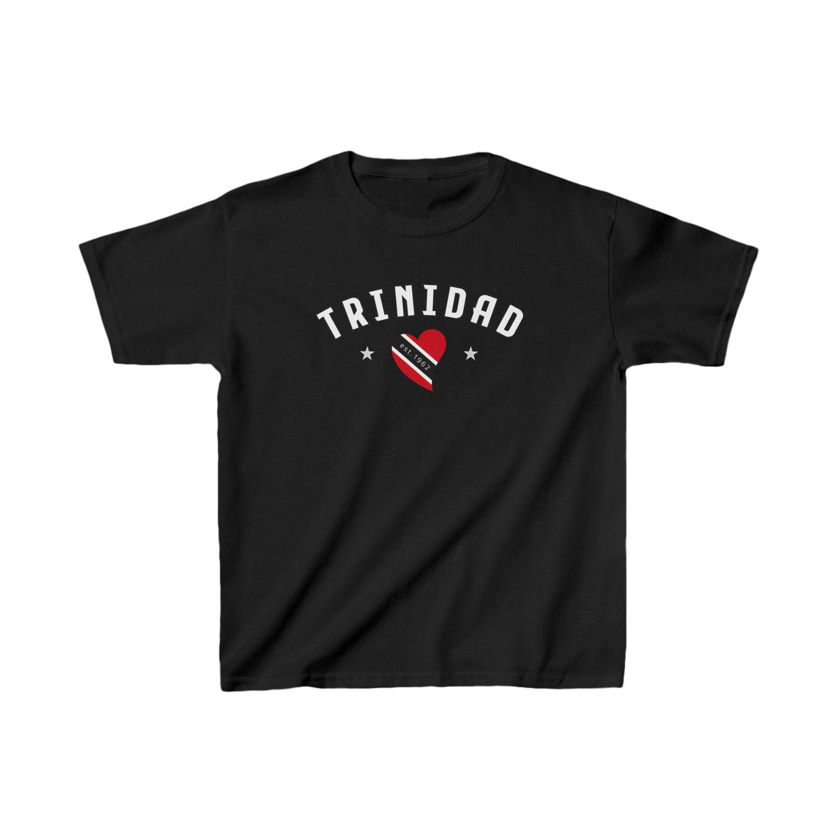 Black baby tee with Trinidad wordmark, flag heart, stars, and est. 1962 design