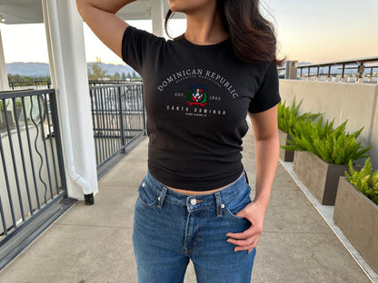 Dominican Republic baby tee with República Dominicana, Santo Domingo, and coat of arms design