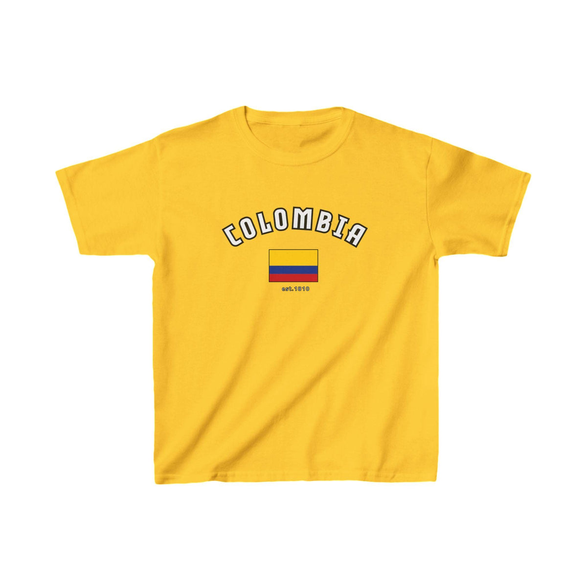 Red baby tee with arched Colombia lettering, Colombian flag, and est. 1810 detail