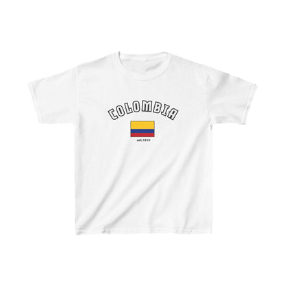 Red baby tee with arched Colombia lettering, Colombian flag, and est. 1810 detail