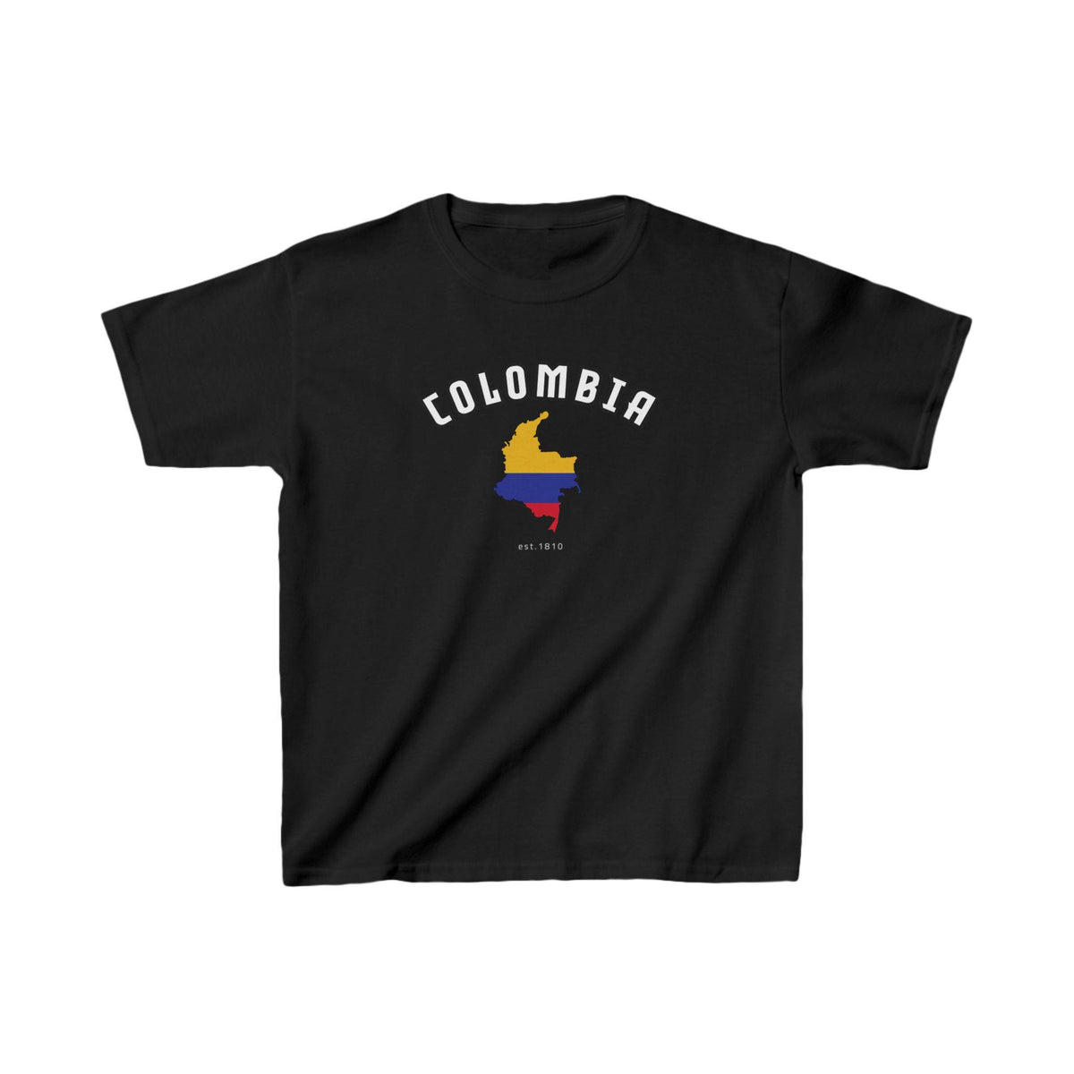Black Colombia baby tee with arched text and flag-colored map graphic
